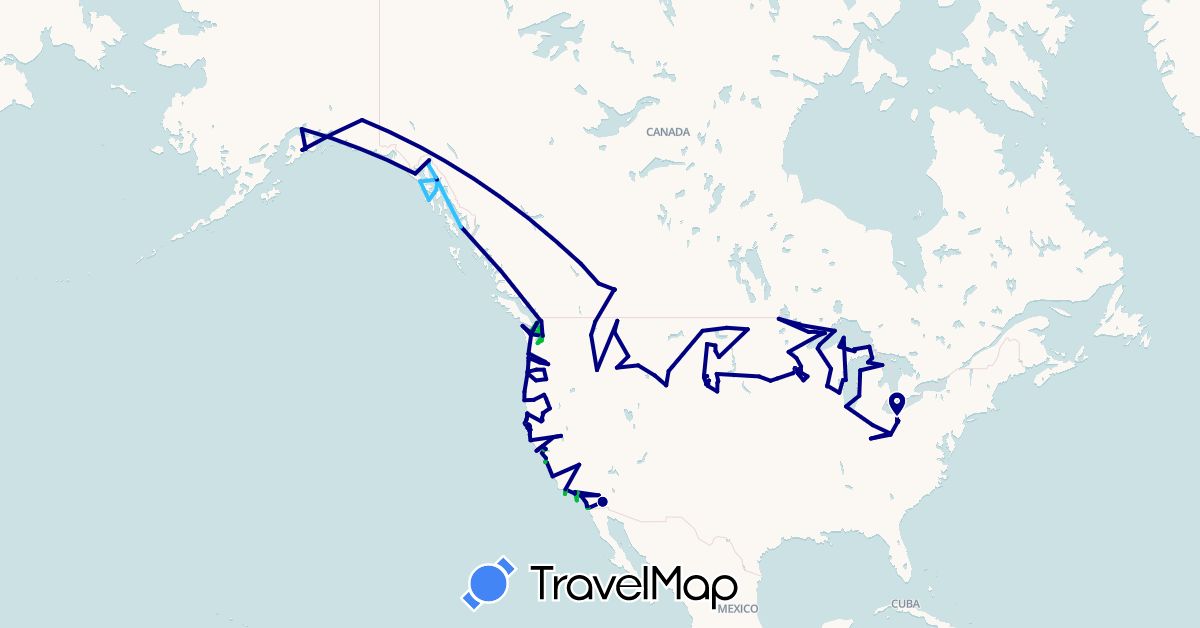 TravelMap itinerary: driving, bus, cycling, boat in Canada, United States (North America)